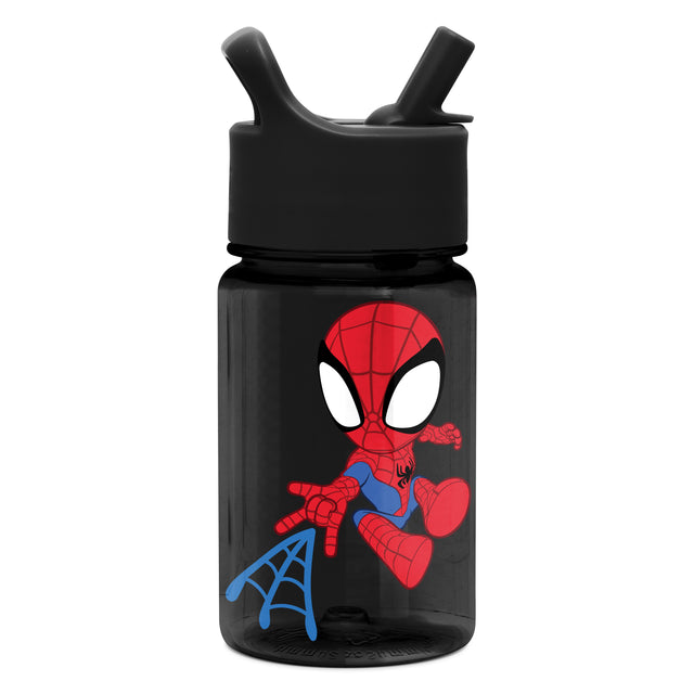 Black water bottle with red and white graphics and blue accents, featuring a textured black matte cap, displayed against a clean background Black water bottle with red and white graphics and blue accents, featuring a textured black matte cap, displayed against a clean background