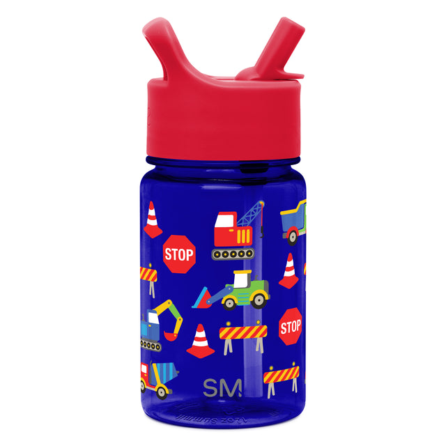 Cobalt blue water bottle with coral red cap and straw handles, featuring bright yellow, green, orange, and white accents Cobalt blue water bottle with coral red cap and straw handles, featuring bright yellow, green, orange, and white accents