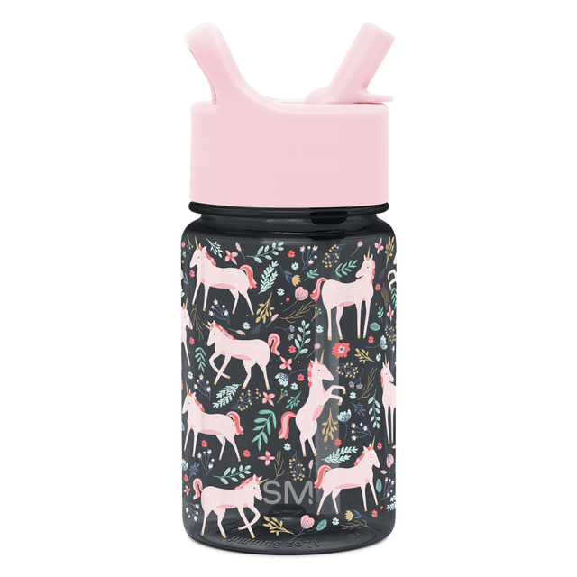 Dark charcoal water bottle with pale pink upper section, handles, and lid. Dark charcoal water bottle with pale pink upper section, handles, and lid.
