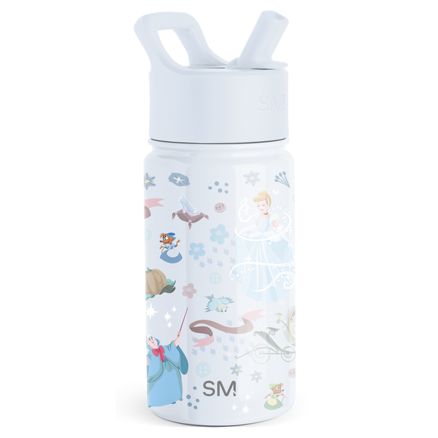 White water bottle with illustrated floral pattern in pale blue, dusty rose, light peach, tan, and muted gray tones on body and lid White water bottle with illustrated floral pattern in pale blue, dusty rose, light peach, tan, and muted gray tones on body and lid