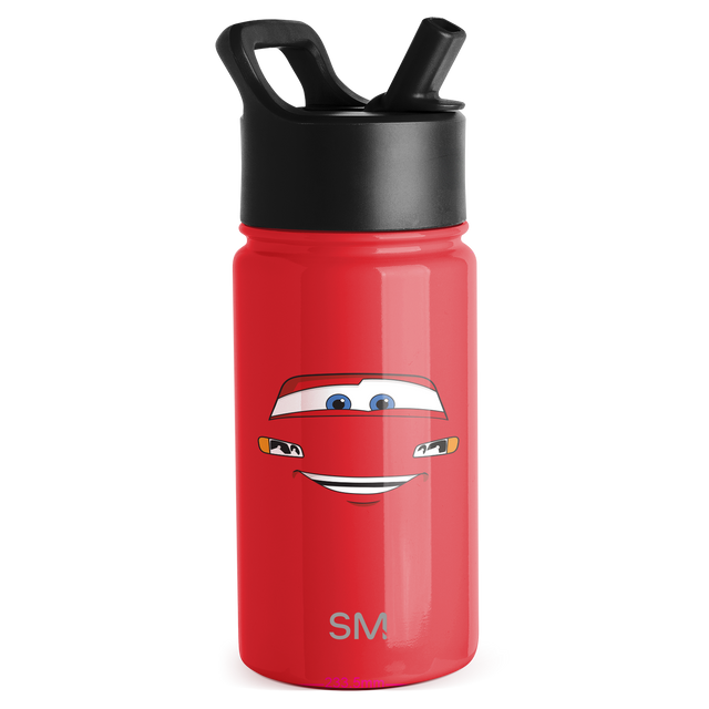 Red water bottle with black cap and lid, gray text and branding on lower body Red water bottle with black cap and lid, gray text and branding on lower body