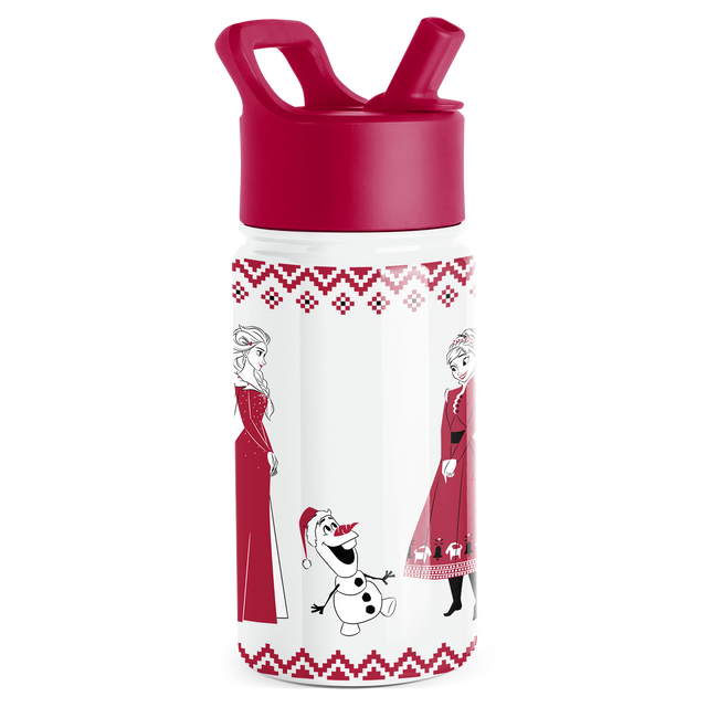 Deep magenta water bottle with white body, magenta lid and cap assembly, decorative accents Deep magenta water bottle with white body, magenta lid and cap assembly, decorative accents
