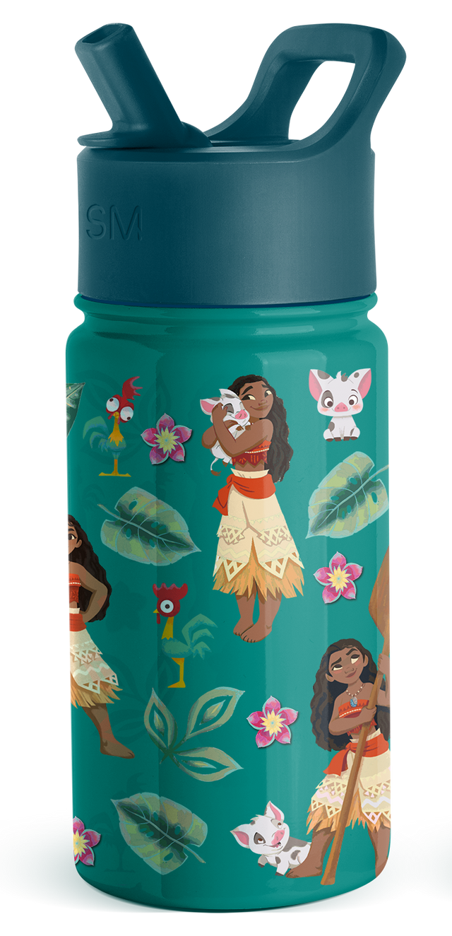 Teal-turquoise water bottle with dark teal-blue lid and spout, featuring tropical pink design elements Teal-turquoise water bottle with dark teal-blue lid and spout, featuring tropical pink design elements