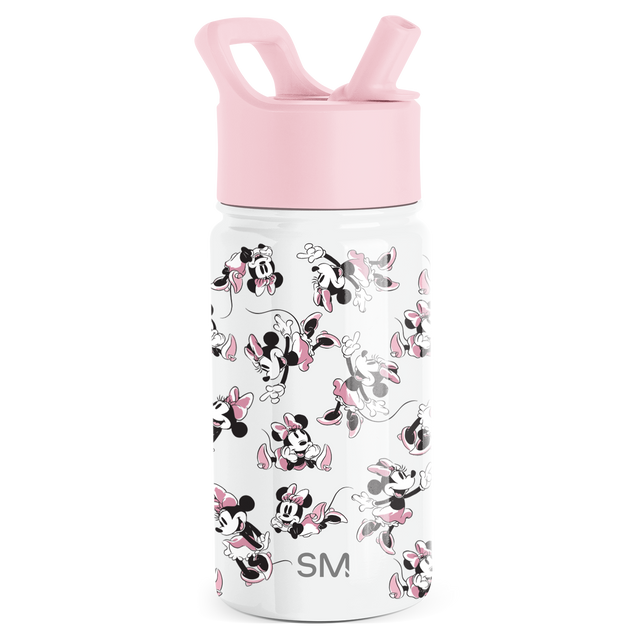 White cylindrical water bottle with pastel pink lid, handles, and character graphics on the body White cylindrical water bottle with pastel pink lid, handles, and character graphics on the body