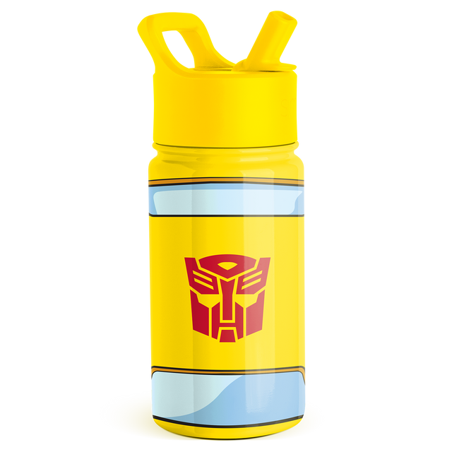 Bright yellow drinkware with lid and two light blue horizontal bands Bright yellow drinkware with lid and two light blue horizontal bands