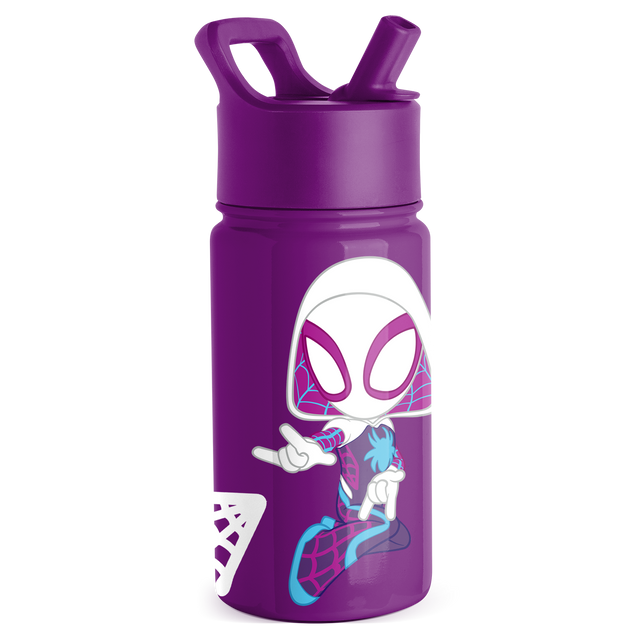 Royal purple water bottle with cyan blue and hot pink character design and white circular badge accent Royal purple water bottle with cyan blue and hot pink character design and white circular badge accent