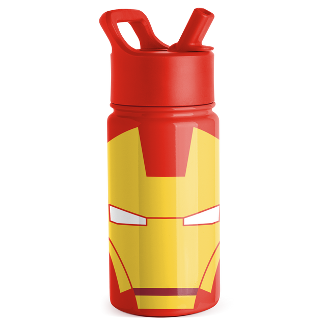 Red and yellow water bottle with red cap and lid on top portion and yellow cylindrical body below Red and yellow water bottle with red cap and lid on top portion and yellow cylindrical body below