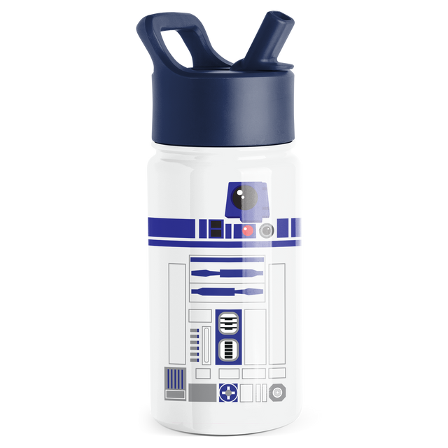 White cylindrical water bottle with navy blue lid and carry handle, featuring navy blue, light purple, and gray design graphics. White cylindrical water bottle with navy blue lid and carry handle, featuring navy blue, light purple, and gray design graphics.