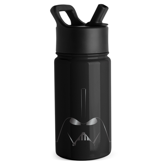 Matte black water bottle with solid color design displayed against white background Matte black water bottle with solid color design displayed against white background