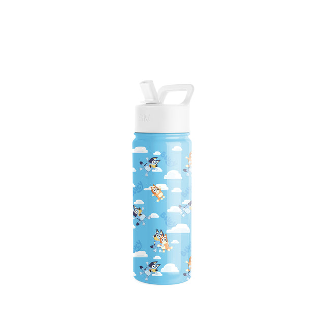 Sky blue water bottle with white lid and animated cloud design, size medium Sky blue water bottle with white lid and animated cloud design, size medium