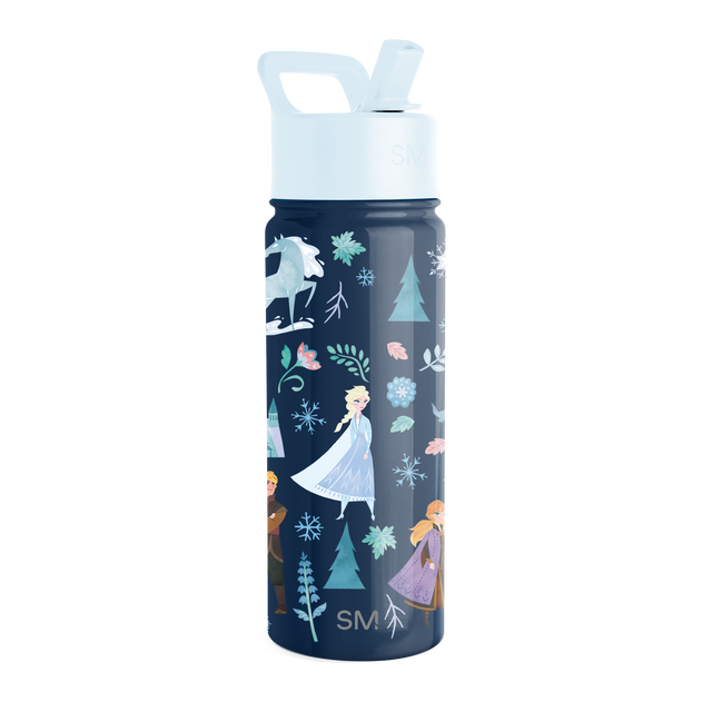 Dark navy blue Simple Modern water bottle with light blue cap and straw lid, featuring a winter-themed illustration on the cylindrical body. Dark navy blue Simple Modern water bottle with light blue cap and straw lid, featuring a winter-themed illustration on the cylindrical body.