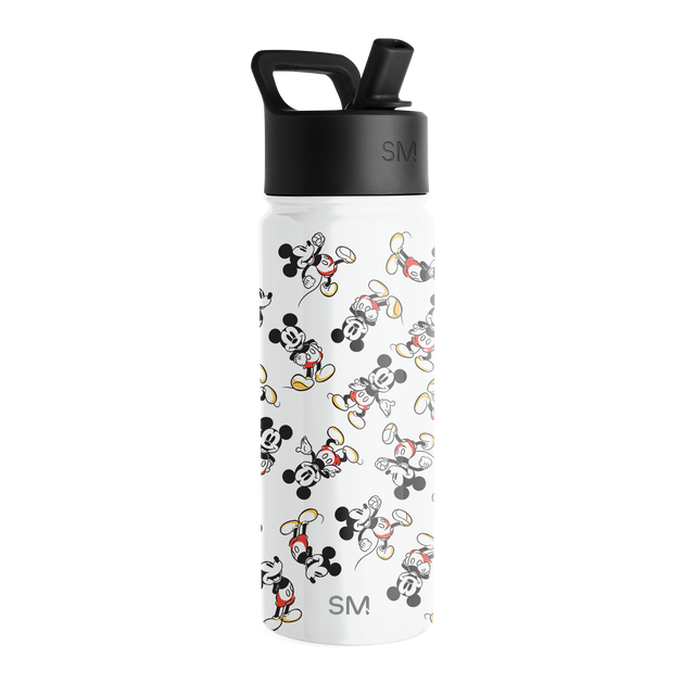 White water bottle with black cap and handle featuring Mickey Mouse design White water bottle with black cap and handle featuring Mickey Mouse design