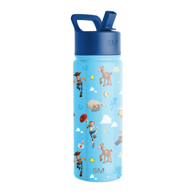 Sky-blue cylindrical water bottle with navy spill-proof lid, integrated carrying handle, and pop-up straw against white background Sky-blue cylindrical water bottle with navy spill-proof lid, integrated carrying handle, and pop-up straw against white background