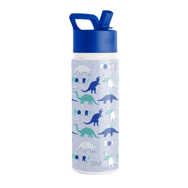 Cobalt blue and white water bottle with navy dinosaur silhouettes design and bright blue lid Cobalt blue and white water bottle with navy dinosaur silhouettes design and bright blue lid