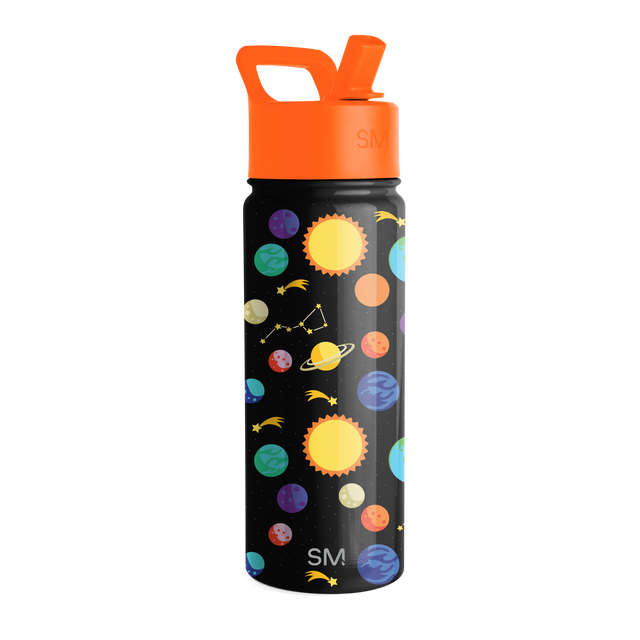 Black water bottle with bright orange top cap and carrying handle, featuring a vibrant rainbow-colored design on the body Black water bottle with bright orange top cap and carrying handle, featuring a vibrant rainbow-colored design on the body