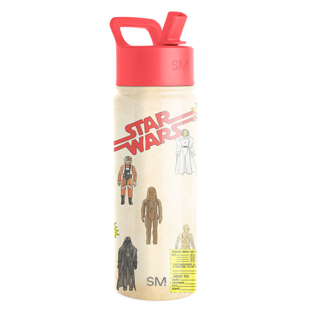 Cream and coral pink water bottle with red graphics and text on front Cream and coral pink water bottle with red graphics and text on front