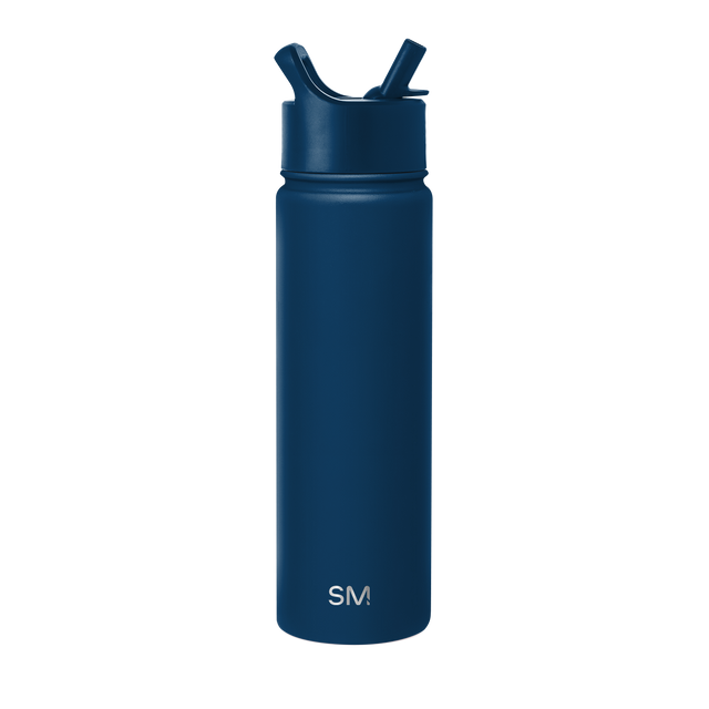 Navy blue cylindrical water bottle with matte finish and modern design, shown against white background Navy blue cylindrical water bottle with matte finish and modern design, shown against white background
