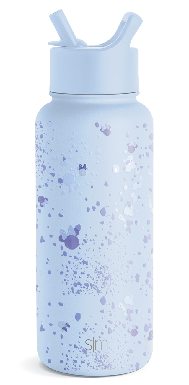 Light periwinkle blue insulated water bottle with wide mouth opening and dual-handle straw lid against white background Light periwinkle blue insulated water bottle with wide mouth opening and dual-handle straw lid against white background