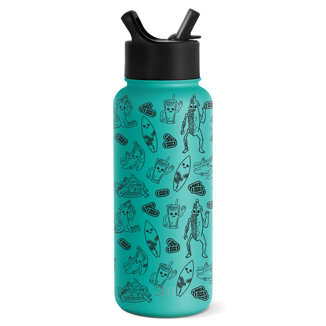 Turquoise mint green water bottle with black cap and straw, featuring dark gray line-drawn pattern throughout Turquoise mint green water bottle with black cap and straw, featuring dark gray line-drawn pattern throughout