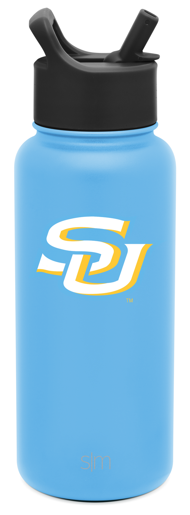Sky blue water bottle with black cap and straw assembly, white logo on cylindrical body Sky blue water bottle with black cap and straw assembly, white logo on cylindrical body