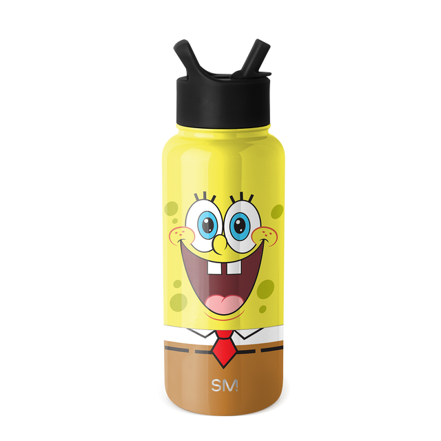 Bright yellow water bottle with tan brown base and black dual-straw lid Bright yellow water bottle with tan brown base and black dual-straw lid