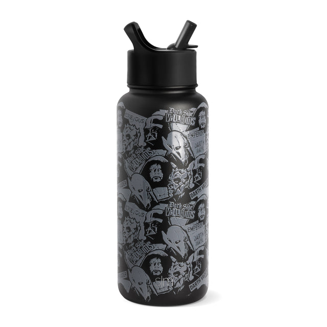 Black water bottle with flip-top cap featuring grayscale design artwork on the body Black water bottle with flip-top cap featuring grayscale design artwork on the body