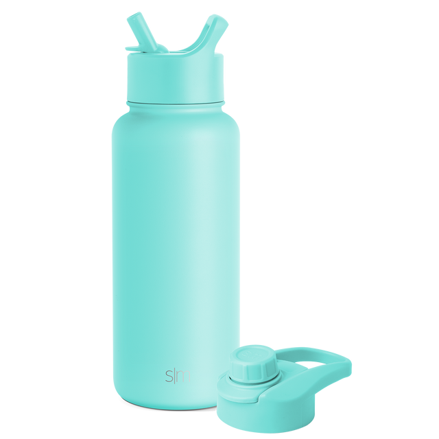 Pale turquoise water bottle with rounded body and cap on white background Pale turquoise water bottle with rounded body and cap on white background