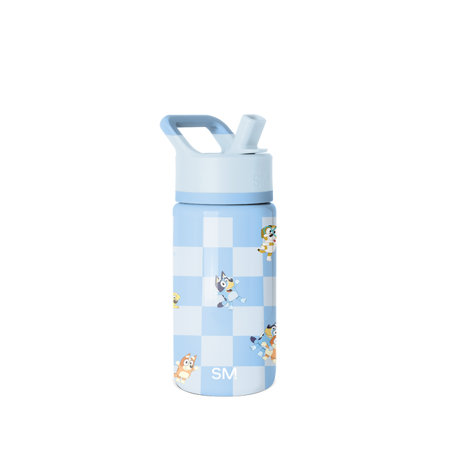 Light blue and white checkerboard water bottle with pale blue cap and lid accents, white handle and spout Light blue and white checkerboard water bottle with pale blue cap and lid accents, white handle and spout