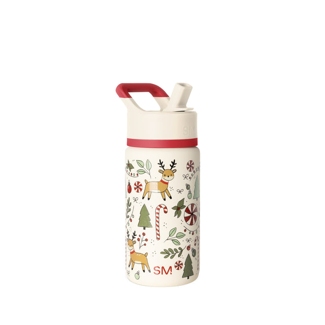 Cream and red SM Holiday Kids Water Bottle with green accents and red band around middle Cream and red SM Holiday Kids Water Bottle with green accents and red band around middle