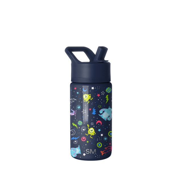 Deep navy blue water bottle with vibrant space-themed design featuring lime green, hot pink, cyan, turquoise, and yellow accents Deep navy blue water bottle with vibrant space-themed design featuring lime green, hot pink, cyan, turquoise, and yellow accents