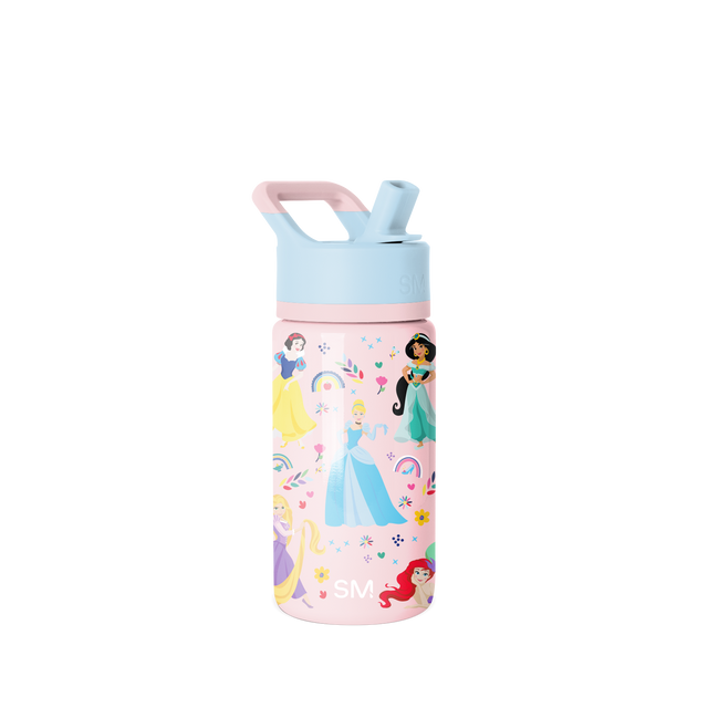 Light blue and soft pink water bottle with coordinating pink band at midpoint, gradient handle, and carrying strap on white background. Light blue and soft pink water bottle with coordinating pink band at midpoint, gradient handle, and carrying strap on white background.