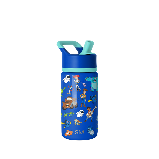 Royal blue water bottle with turquoise accent lid, handle, and band near the top Royal blue water bottle with turquoise accent lid, handle, and band near the top