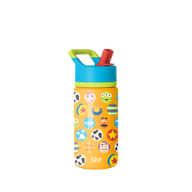 Simple Modern children's water bottle with orange body, blue upper section, and lime green accent on white background Simple Modern children's water bottle with orange body, blue upper section, and lime green accent on white background