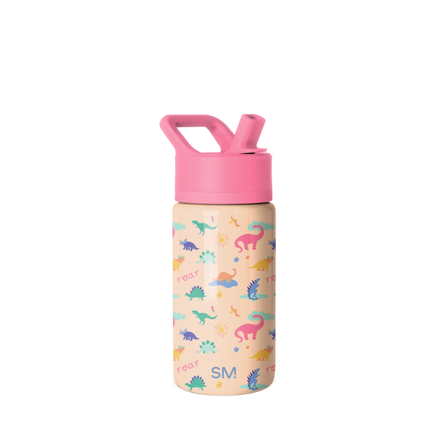 Beige water bottle with hot pink lid and carrying handle Beige water bottle with hot pink lid and carrying handle