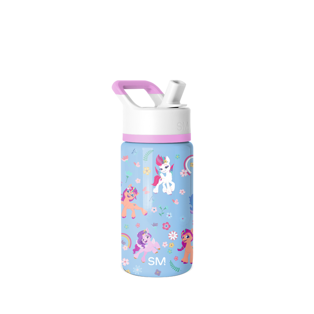 Light blue Simple Modern children's water bottle with colorful cartoon characters and decorative illustrations on white background. Light blue Simple Modern children's water bottle with colorful cartoon characters and decorative illustrations on white background.