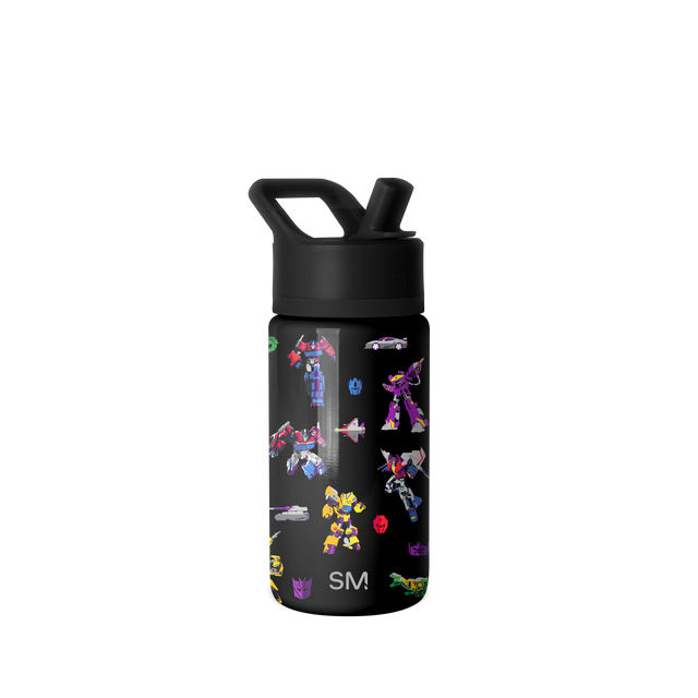 Matte black water bottle with vibrant character graphics in bright pinks and additional colors across the surface Matte black water bottle with vibrant character graphics in bright pinks and additional colors across the surface