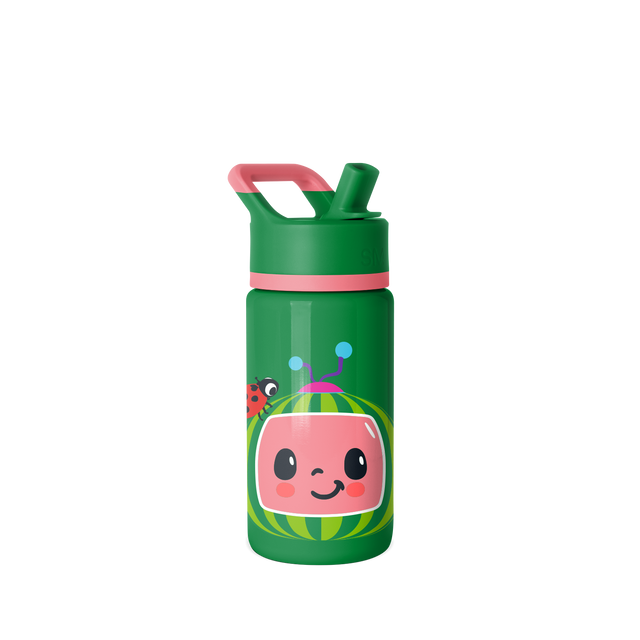 Kelly green water bottle with coral and hot pink character illustration featuring accents of light blue, yellow, and dark gray Kelly green water bottle with coral and hot pink character illustration featuring accents of light blue, yellow, and dark gray