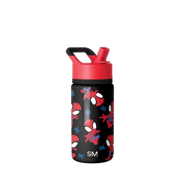 Black water bottle with vibrant red lid and cap, featuring Simple Modern Spider-Man design, isolated on white background for product display Black water bottle with vibrant red lid and cap, featuring Simple Modern Spider-Man design, isolated on white background for product display