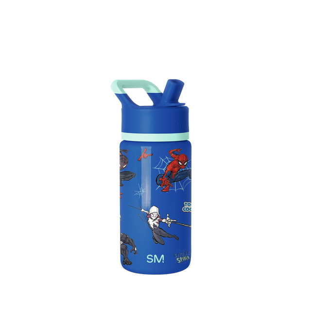 Simple Modern children's water bottle with royal blue cylindrical body, mint-green carry handle, and mint-green accent band, shown against white background. Simple Modern children's water bottle with royal blue cylindrical body, mint-green carry handle, and mint-green accent band, shown against white background.