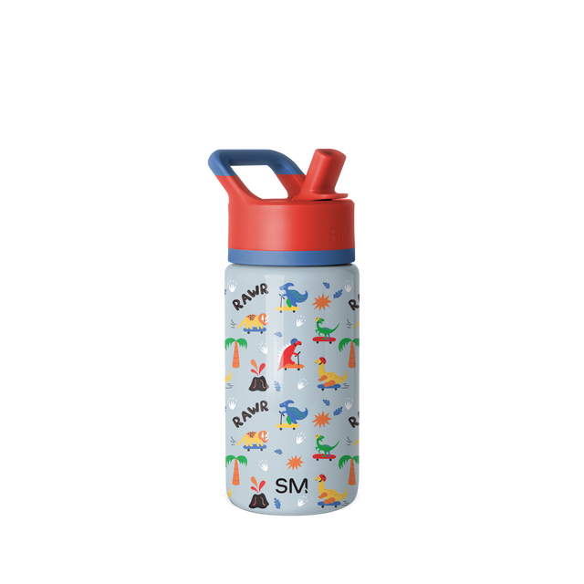 Light gray-blue water bottle with bright coral red top, deep navy blue band and handle Light gray-blue water bottle with bright coral red top, deep navy blue band and handle