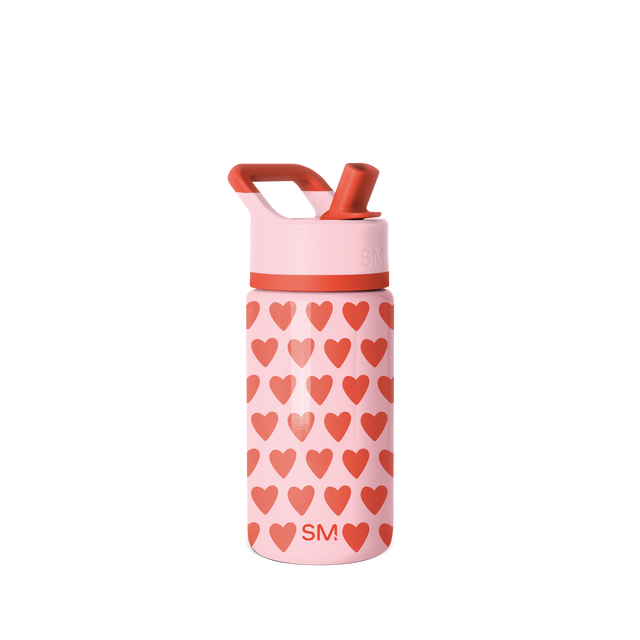 Simple Modern water bottle with soft pink base and coral-red heart pattern on white background Simple Modern water bottle with soft pink base and coral-red heart pattern on white background