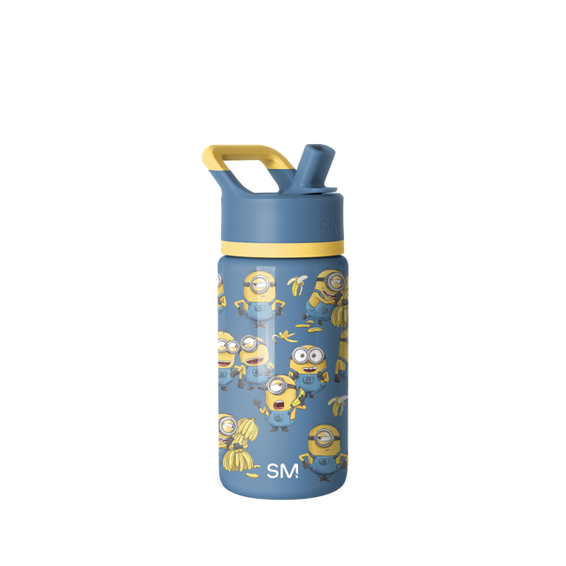 Slate blue water bottle with bright golden yellow handle loop and horizontal accent band Slate blue water bottle with bright golden yellow handle loop and horizontal accent band