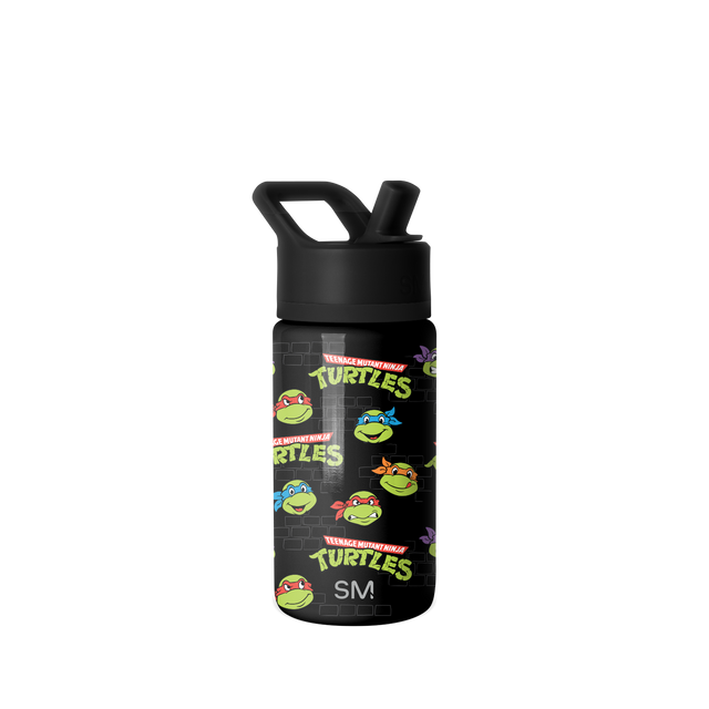 Black cylindrical water bottle with vibrant lime green, red, blue, and orange character designs and text accents Black cylindrical water bottle with vibrant lime green, red, blue, and orange character designs and text accents