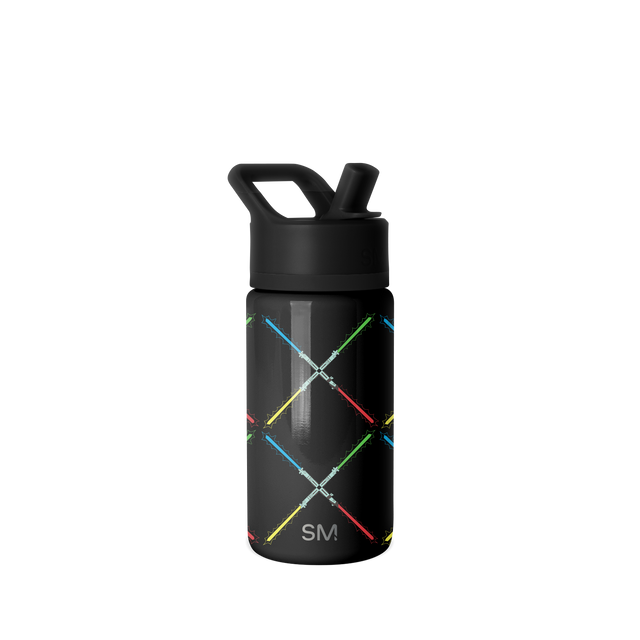 Black Simple Modern insulated water bottle with screw-on cap and angular carry handle on white background. Black Simple Modern insulated water bottle with screw-on cap and angular carry handle on white background.