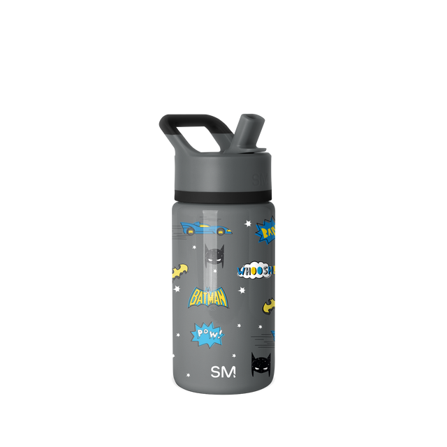 Charcoal gray water bottle with black lid and spout, featuring bright blue and vibrant graphic accents on the design. Charcoal gray water bottle with black lid and spout, featuring bright blue and vibrant graphic accents on the design.