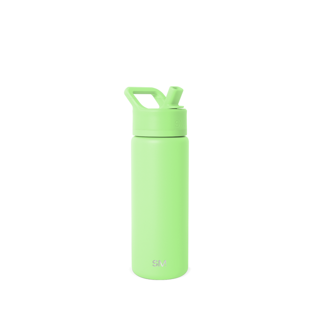 Lime green stainless steel water bottle on neutral background Lime green stainless steel water bottle on neutral background