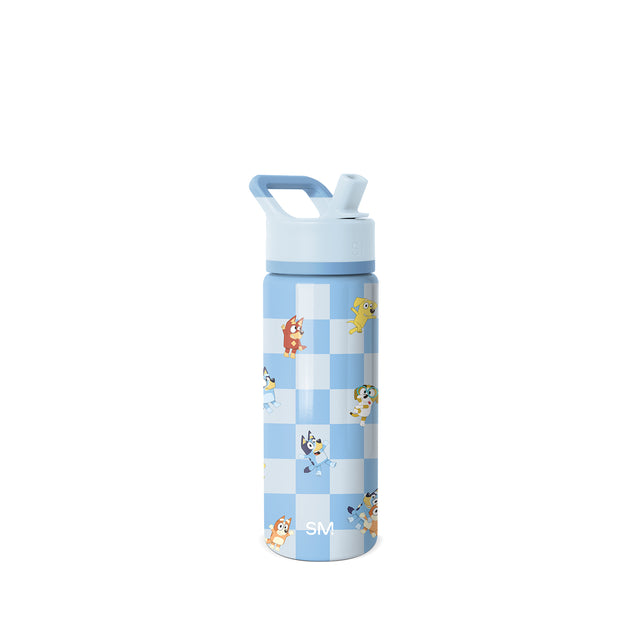 Light blue and white checkered water bottle with soft blue cap, integrated straw, and carry handle. Light blue and white checkered water bottle with soft blue cap, integrated straw, and carry handle.