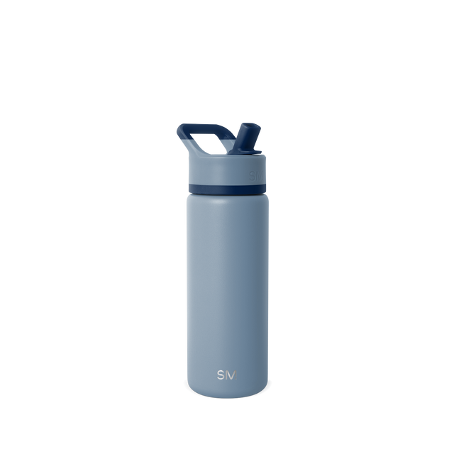 Soft blue-gray water bottle with navy blue lid and cap assembly, two-tone design in muted slate and dusty blue tones. Soft blue-gray water bottle with navy blue lid and cap assembly, two-tone design in muted slate and dusty blue tones.