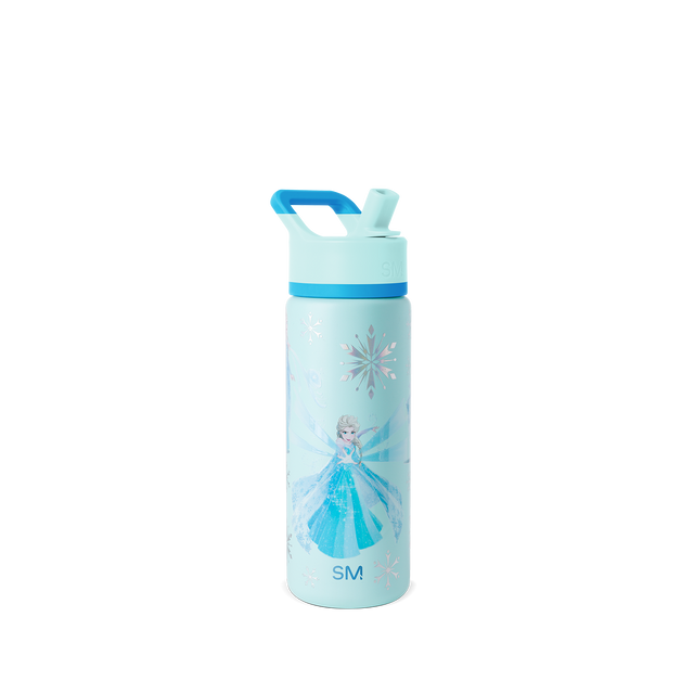 Pale ice blue water bottle with medium blue accents on cap, base band, and handle against white background Pale ice blue water bottle with medium blue accents on cap, base band, and handle against white background