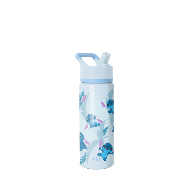 Light blue water bottle with bright blue lid and handle, and lighter blue accent band around the middle section. Light blue water bottle with bright blue lid and handle, and lighter blue accent band around the middle section.